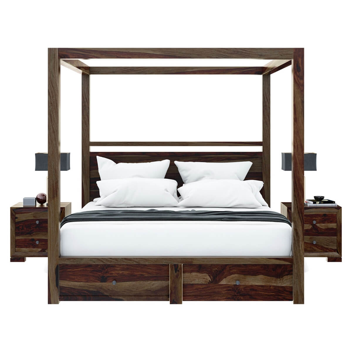 udsar solid wood poster/canopy bed in medium espresso finish with storage