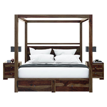 udsar solid wood poster/canopy bed in medium espresso finish with storage