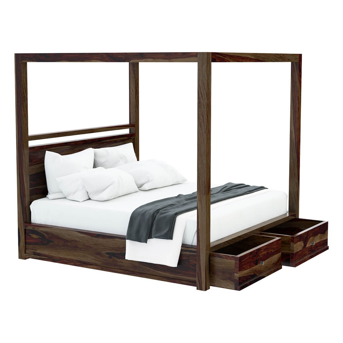 udsar solid wood poster/canopy bed in medium espresso finish with storage