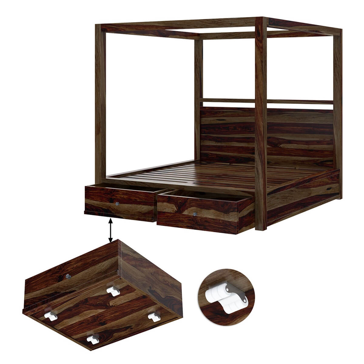 udsar solid wood poster/canopy bed in medium espresso finish with storage