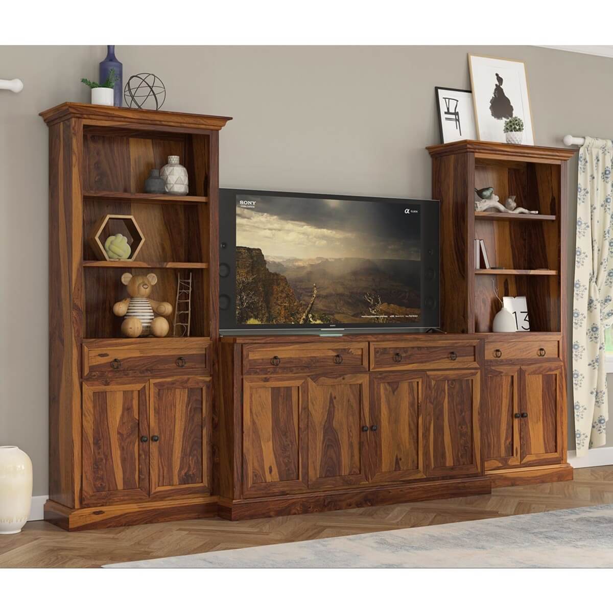 Martino solid wood media shelve along with Bookcases