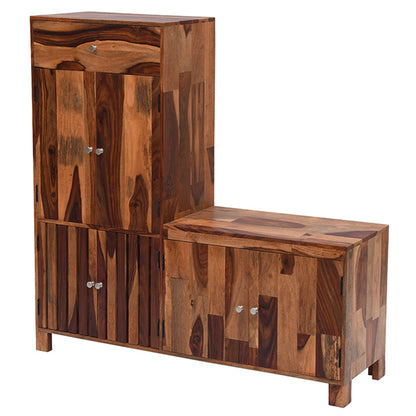 L shape solid wood shoe rack in stone finish
