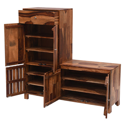 L shape solid wood shoe rack in stone finish