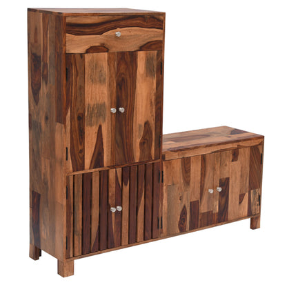 L shape solid wood shoe rack in stone finish
