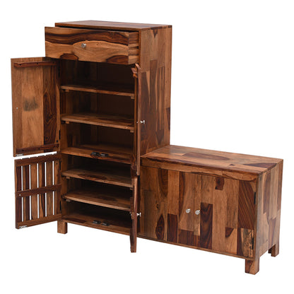 L shape solid wood shoe rack in stone finish