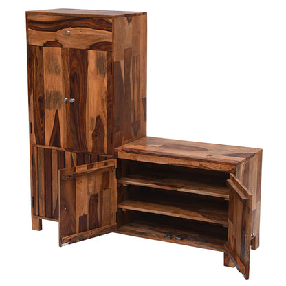 L shape solid wood shoe rack in stone finish