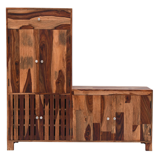 L shape solid wood shoe rack in stone finish