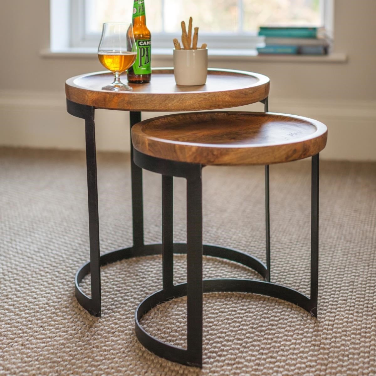 wood and metal nested tables