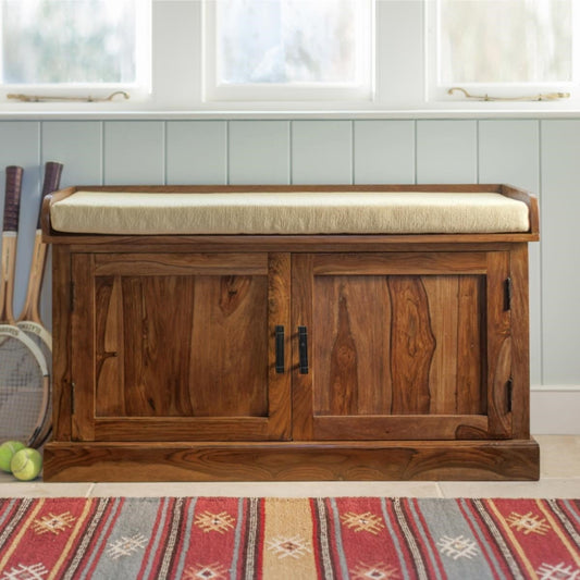 vayaka solid wood shoe rack with bench in natural finish