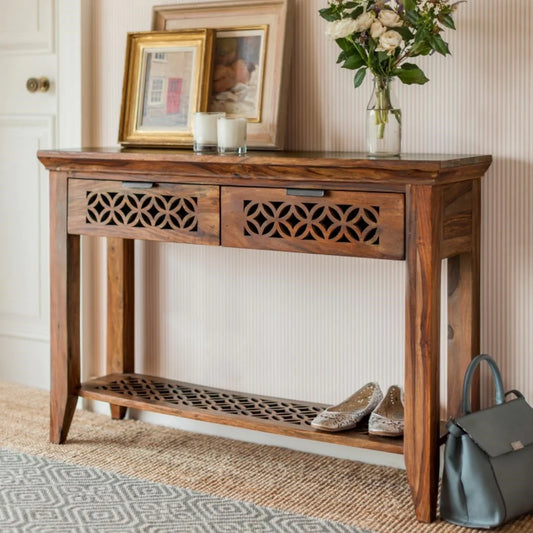 natureberry solid wood tv console in natural finish
