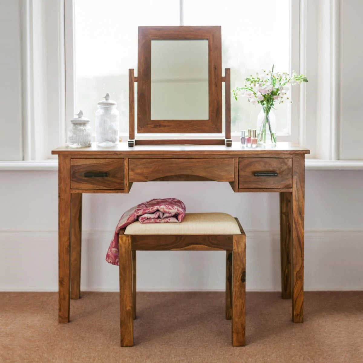 rockford solid wood dressing table set with stool