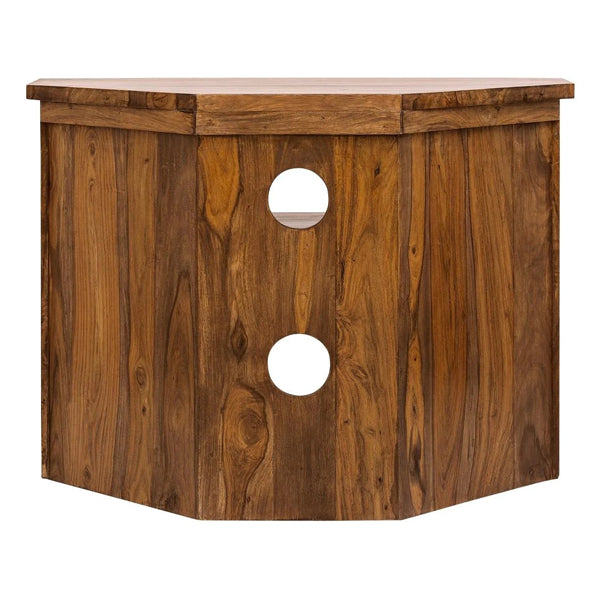 corner solid wood tv unit in natural finish