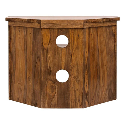 corner solid wood tv unit in natural finish
