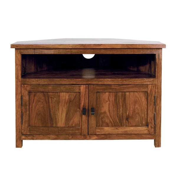 corner solid wood tv unit in natural finish