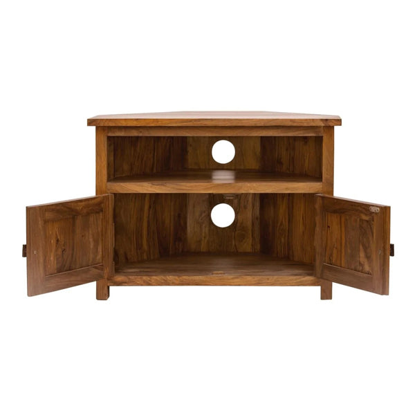 corner solid wood tv unit in natural finish