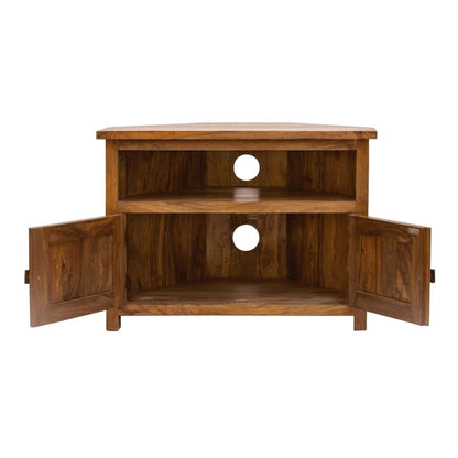 corner solid wood tv unit in natural finish