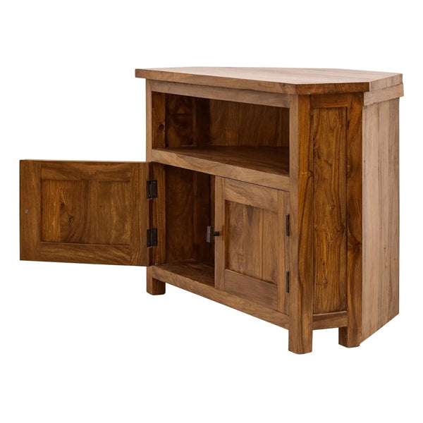 corner solid wood tv unit in natural finish