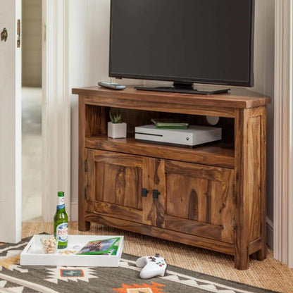 corner solid wood tv unit in natural finish