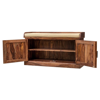 vayaka solid wood shoe rack with bench in natural finish