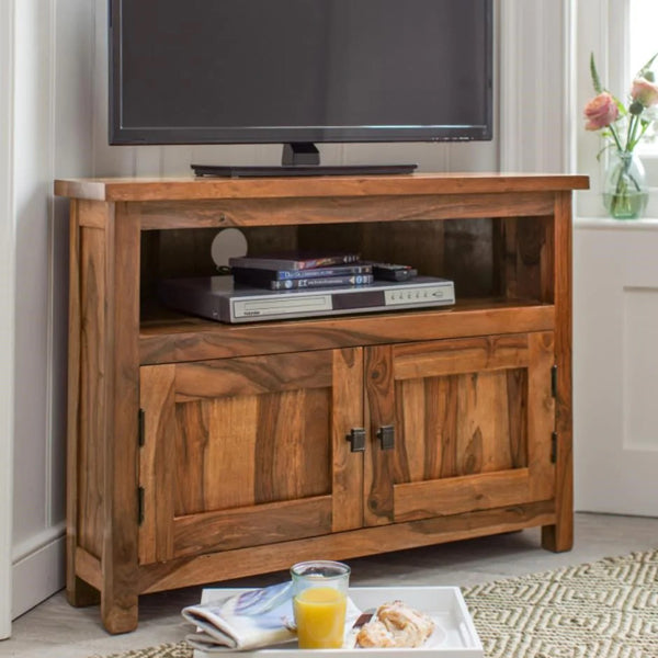 corner solid wood tv unit in natural finish