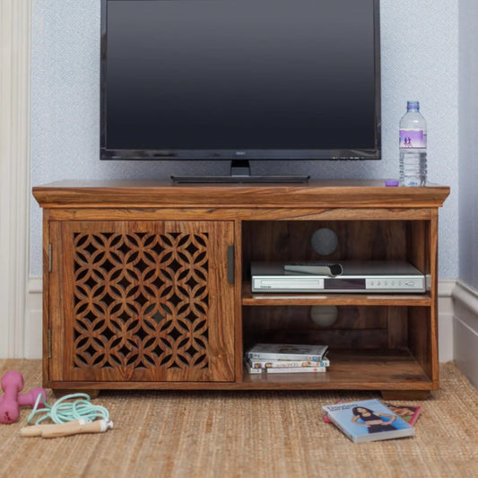 camellia solid wood tv unit in natural finish